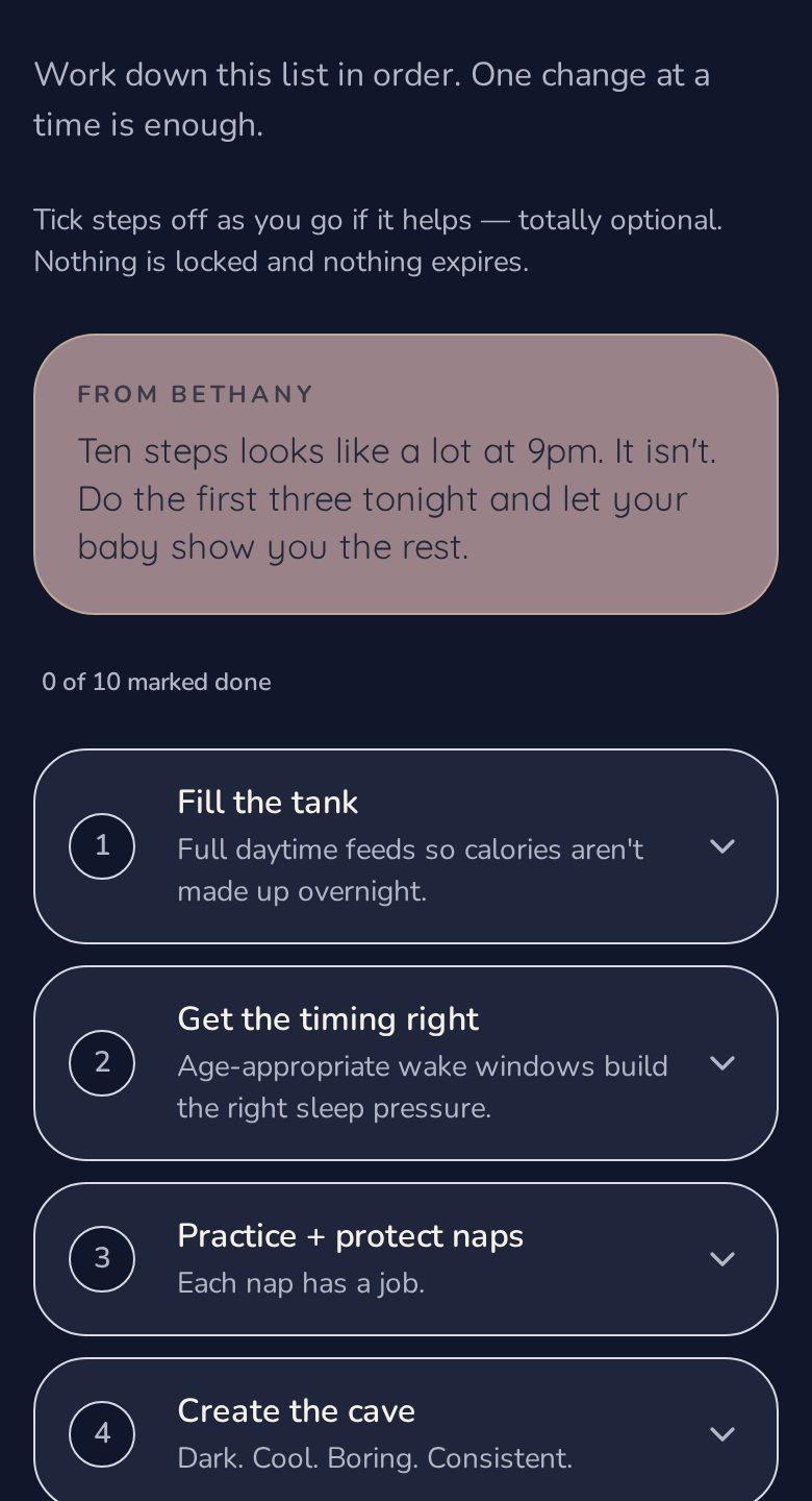 Baby Sleep Solution — Quick Plan screen