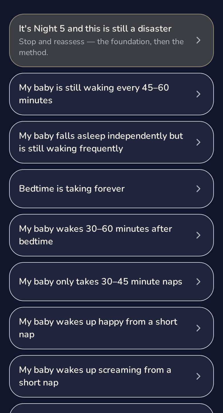 Baby Sleep Solution — Troubleshooting screen
