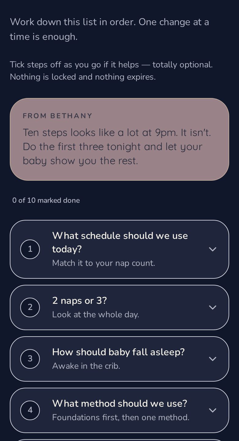 Infant Sleep Solution — Quick Plan screen