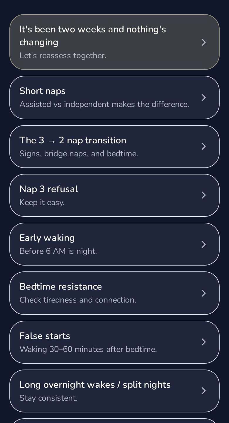 Infant Sleep Solution — Troubleshooting screen