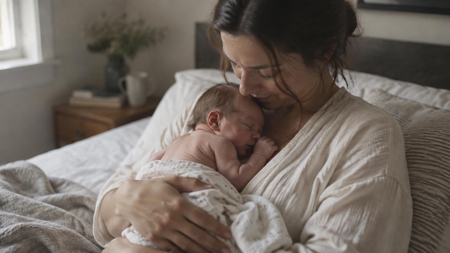 A tiny newborn curled up asleep on mom's chest