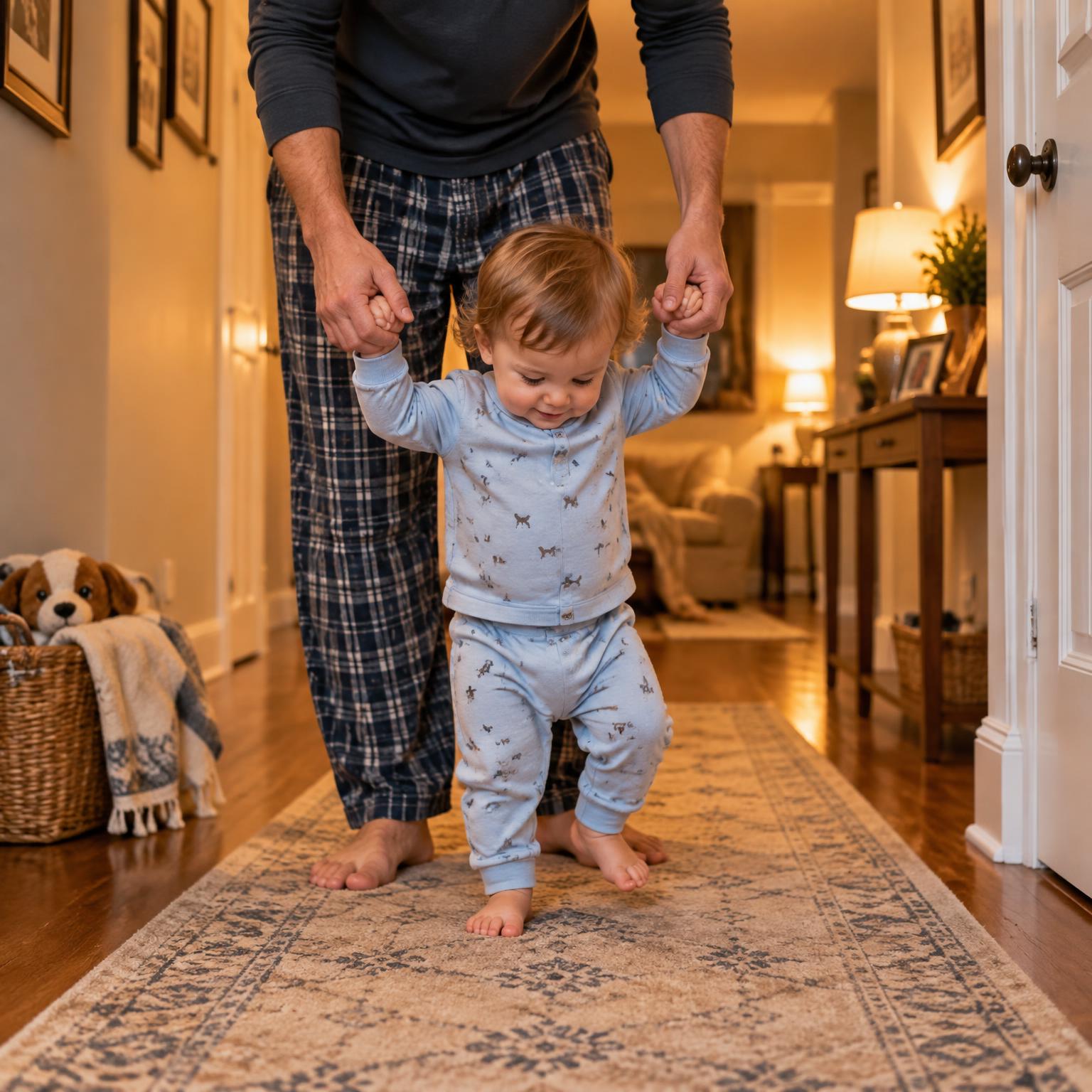 A toddler in pajamas taking steps holding his father's hands in the evening hallway