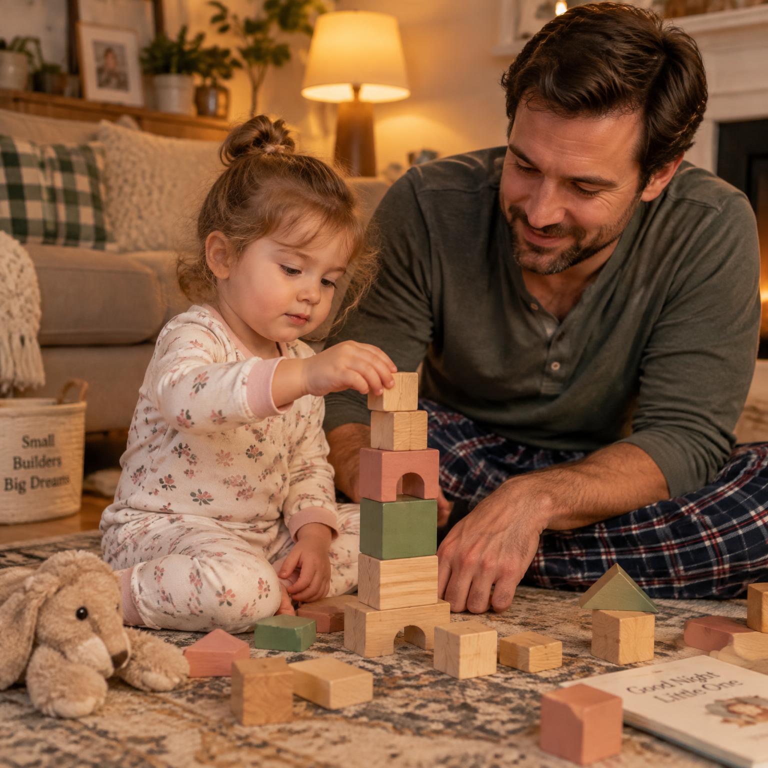 A two-year-old girl in pajamas stacking blocks with her father in warm evening light