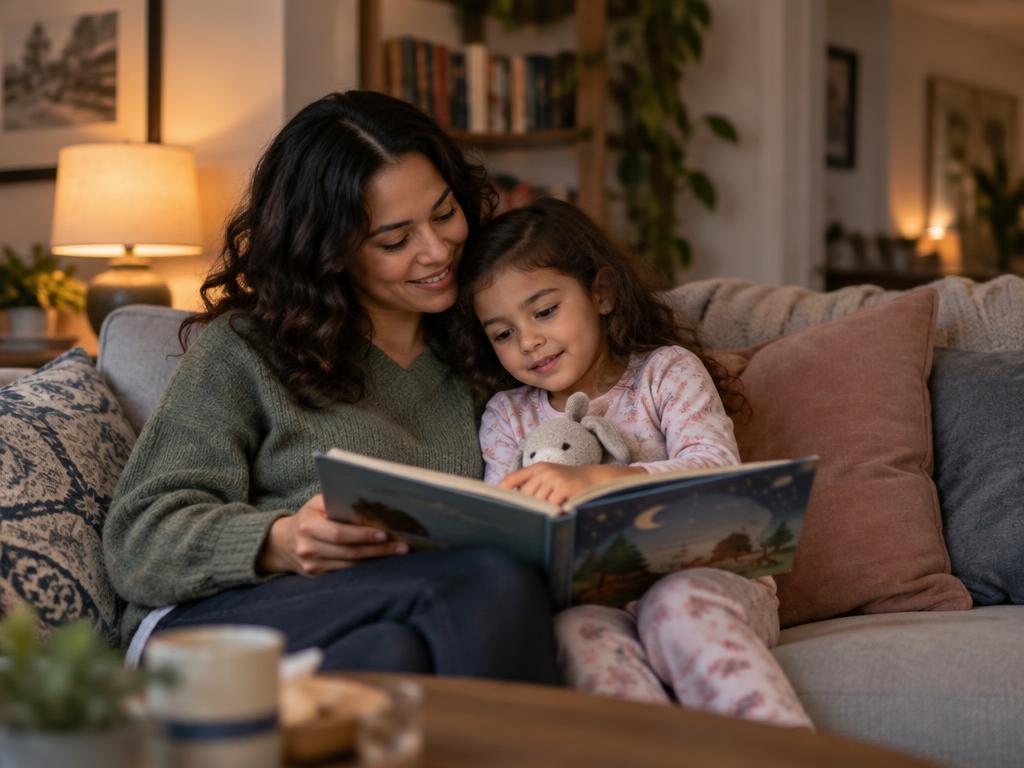 A preschooler reading a bedtime story with a parent